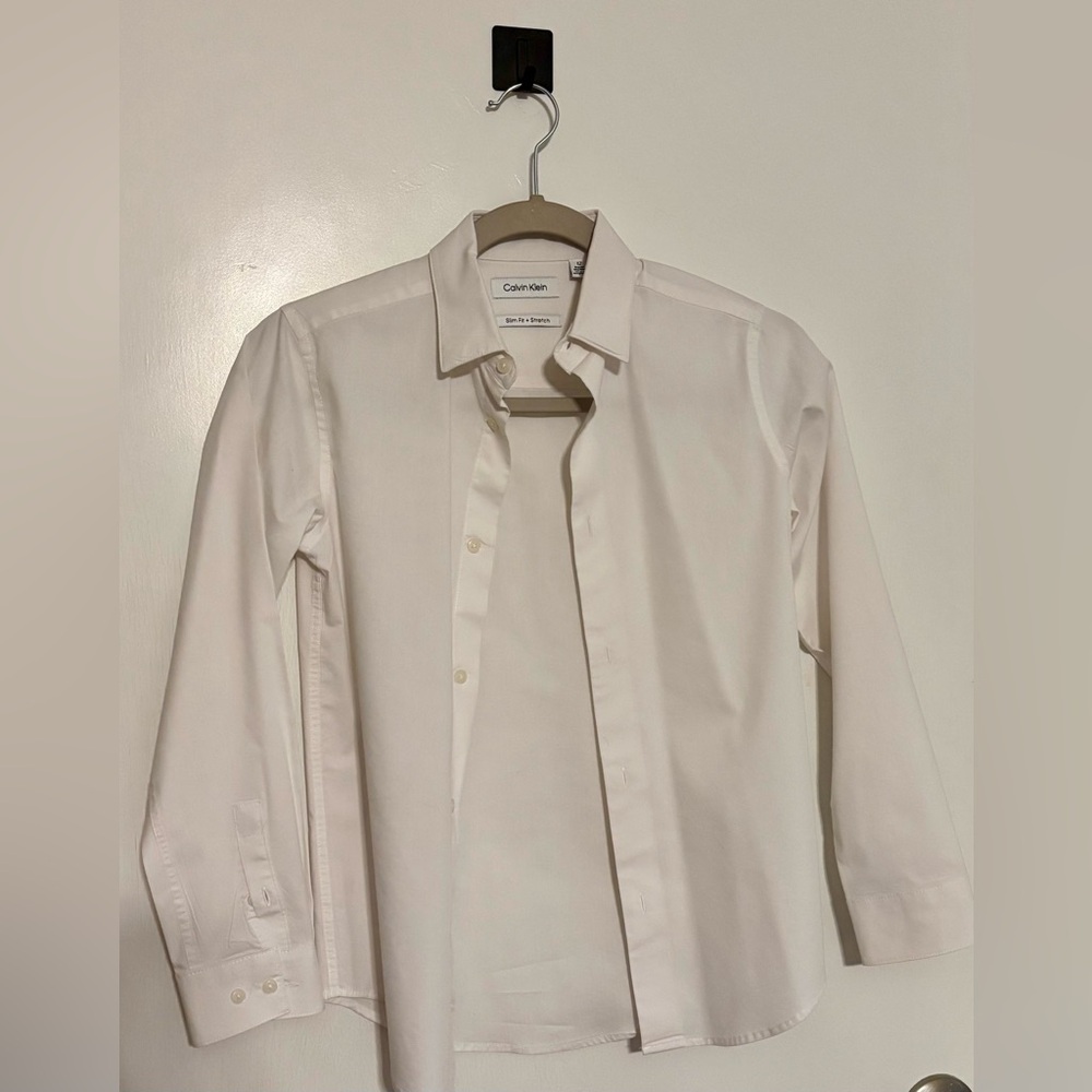Calvin Klein - Boys Size 12 Regular - Slim Fit + Stretch White Dress Shirt